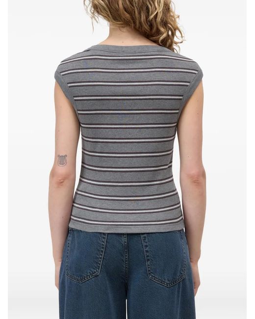 Closed Gray Striped Cap-Sleeve T-Shirt