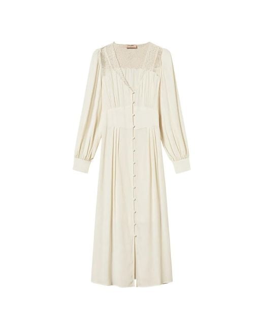 Twinset White Long Jacquard Dress With Lace