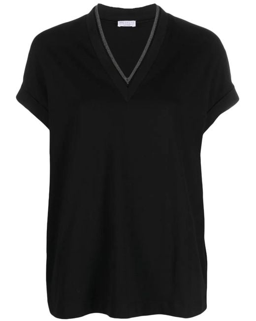 Brunello Cucinelli Black Monili-Trim V-Neck T-Shirt