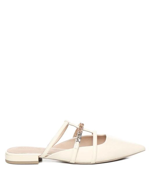 Pinko White Chain-Embellished Pointed-Toe Mules