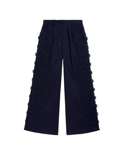 Momoní Blue Pantalon Palazzo À Broderie Anglaise
