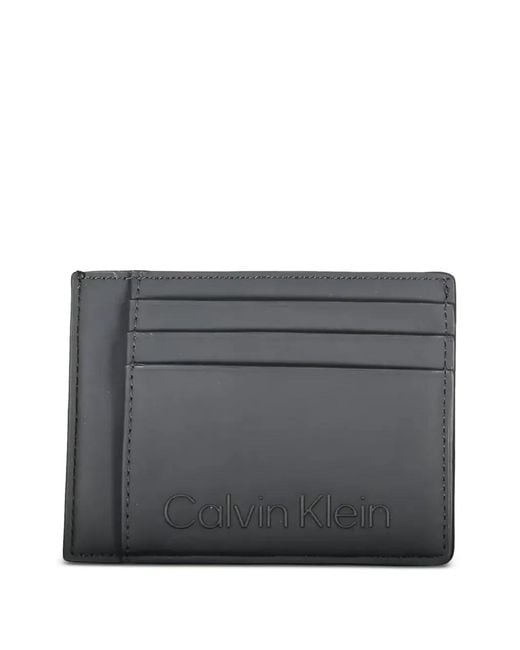 Calvin Klein Gray Logo-Embossed Leather Card Holder for men