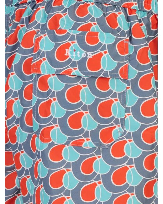 Kiton Blue Geometric-Print Drawstring Swim Shorts for men