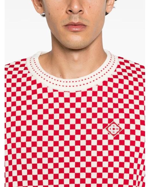 Casablanca Pink Checkerboard-Knit Logo-Patch Sweater for men