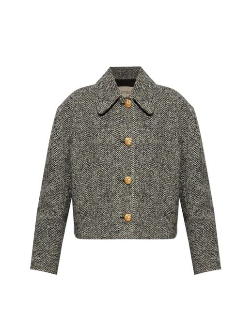 Valentino Garavani Gray Herringbone-Pattern Cropped Jacket
