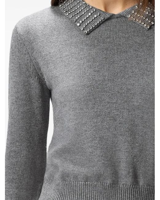 Pinko Gray Rhinestone-Collared Sweater