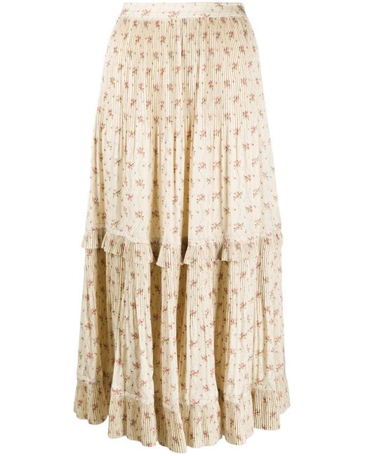 Polo Ralph Lauren Natural Jaclyn Floral Belted Pleated Ruffled Maxi Skirt