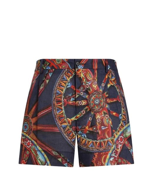 Dolce & Gabbana Red Carretto-Print Linen Bermudas for men
