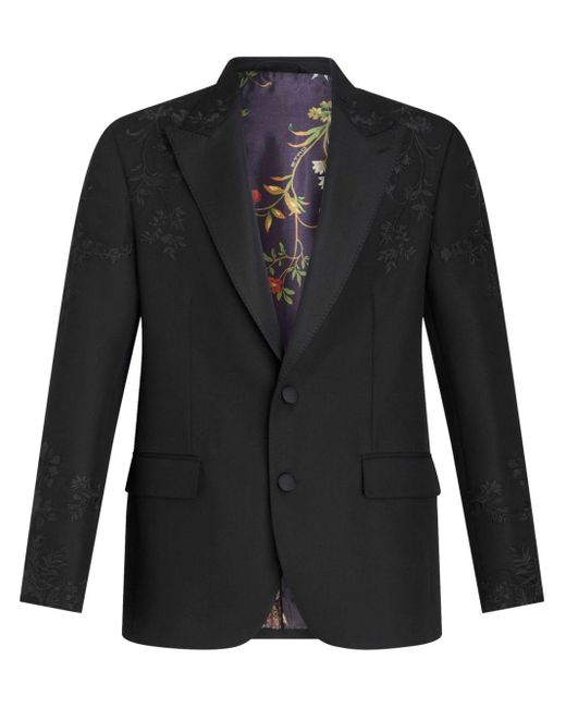 Etro Black Floral-embroidered Peak-lapels Blazer for men