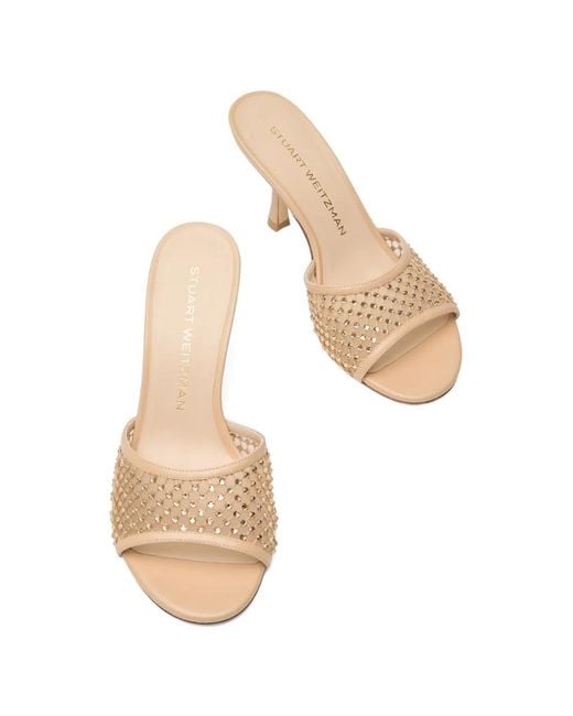 Stuart Weitzman Natural Bareitall Shine Mules With Crystals