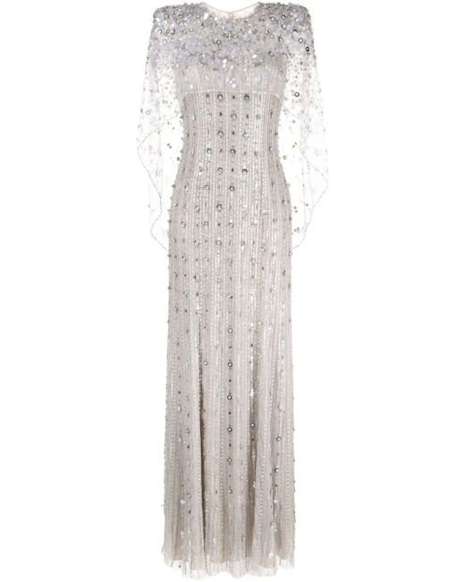 Jenny Packham White Nettie Cape-effect Embellished Sequined Tulle Gown