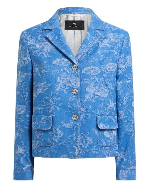 Etro Blue Jacquard Floral-Motif Jacket