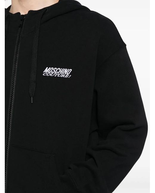 Moschino Black Logo Embroidered Zipped Hoodie for men