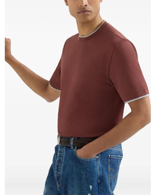 Brunello Cucinelli Red T-Shirt À Bords Contrastants for men