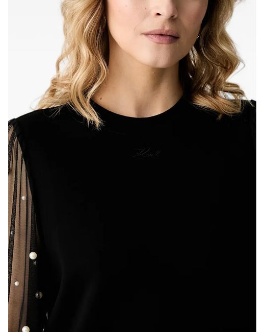 Karl Lagerfeld Black Faux-Pearl Sheer-Sleeve Top