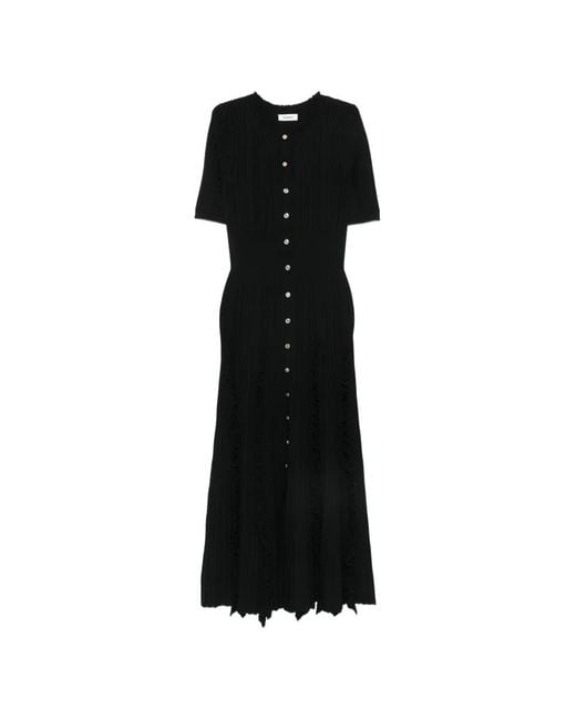 Sandro Black Ruffle-Trimmed Ribbed-Knit Midi Dress