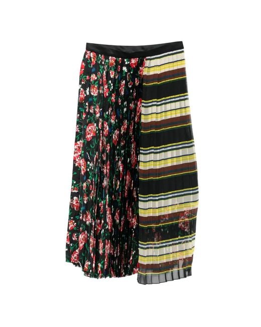 Sacai Black Floral-Print Pleated-Design Midi Skirt