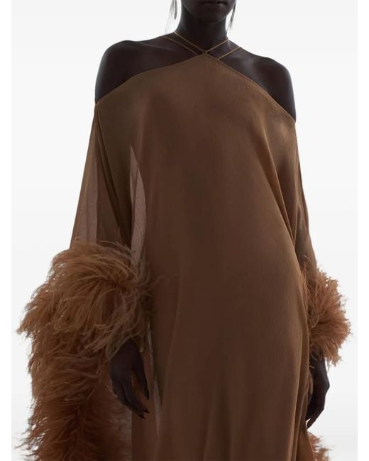 Taller Marmo Brown Sza Sza Spirito Feather-Trim Maxi Kaftan Dress