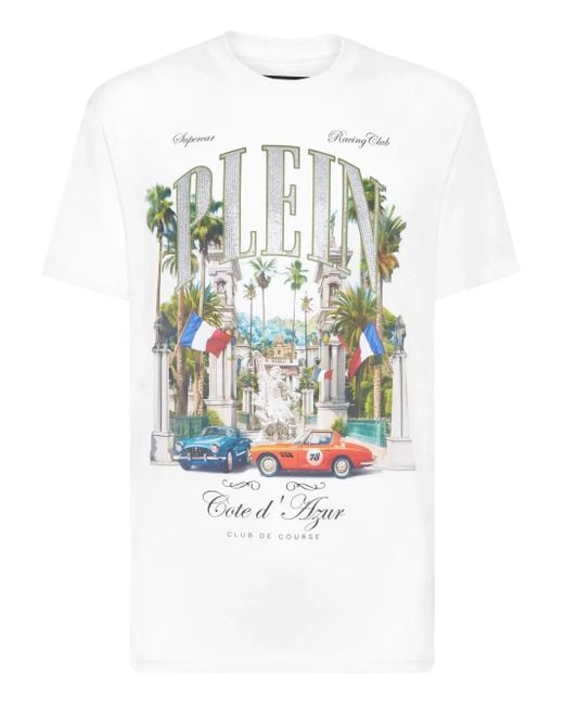 Philipp Plein White T-Shirt Round Neck Ss Club The Course Stones for men