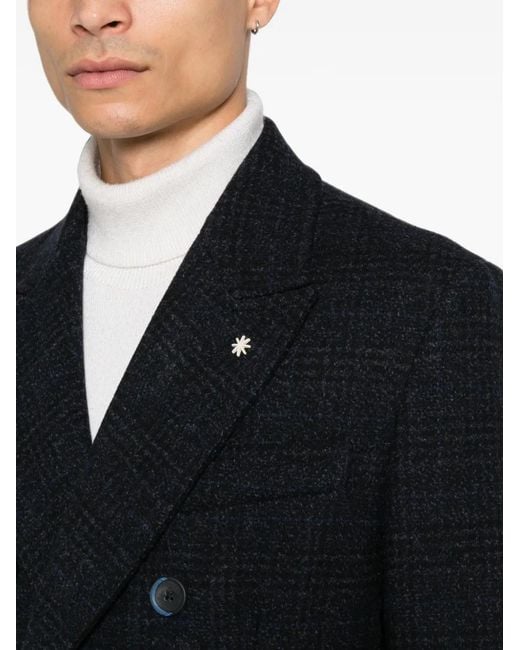 Manuel Ritz Blue Double-Breasted Check Coat for men