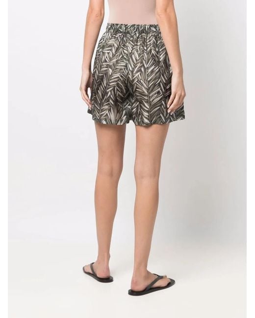 Brunello Cucinelli Gray Leaf-Print Silk Shorts