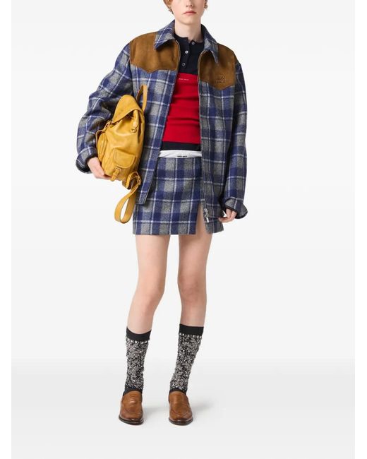 Miu Miu Blue Wool Check Mini Skirt