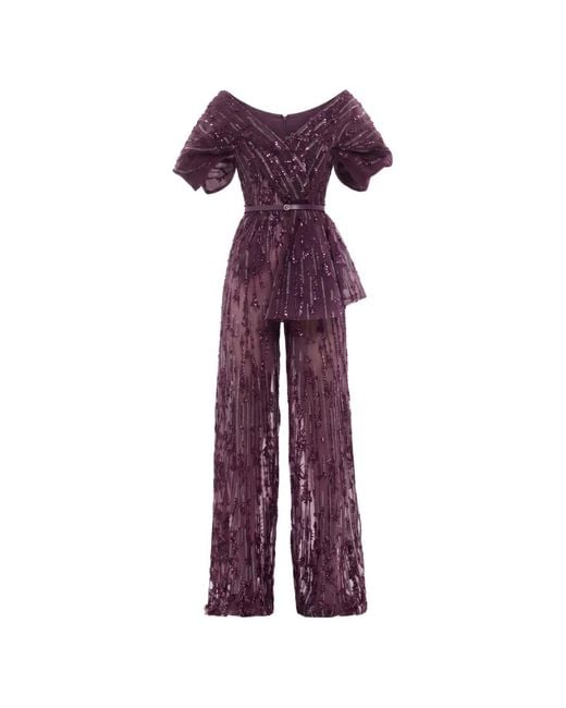 Saiid Kobeisy Purple Sequin-Embellished Belted Jumpsuit