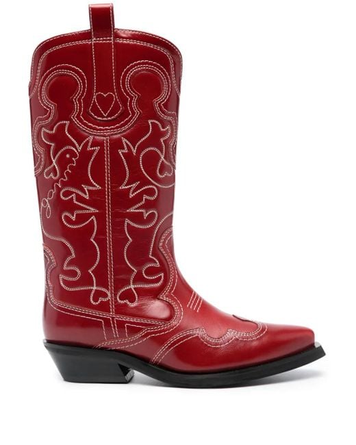 Ganni Red Western-Style Leather Boots