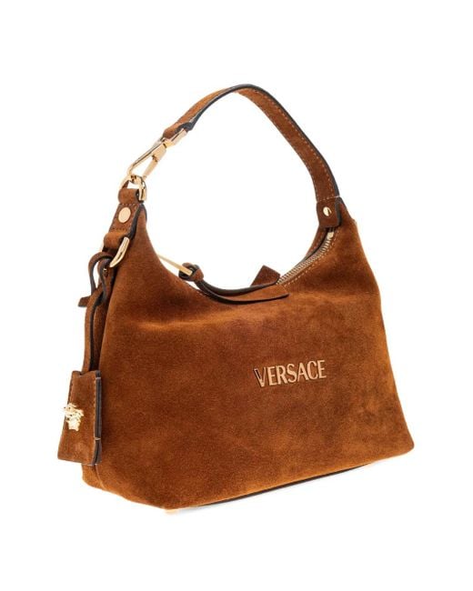 Sac Cabas En Daim À Plaque Logo Versace en coloris Brown