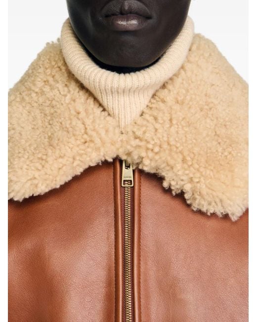 Sandro Brown Shearling Collar Leather Jacket for men