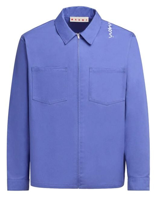 Marni Blue Logo-Embroidered Cotton Shirt Jacket for men