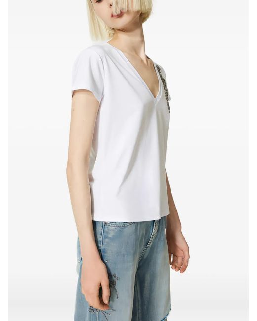 Twinset White Floral-Embroidered V-Neck T-Shirt