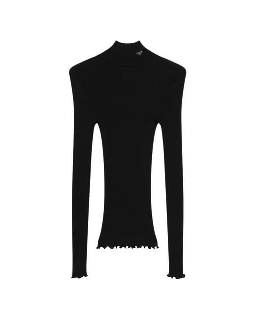 Prada Black Ribbed-Knit Ruffle-Trim Sweater