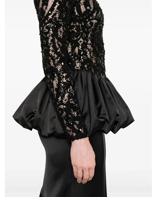 Nissa Black Sequin-Embellished Lace Gown