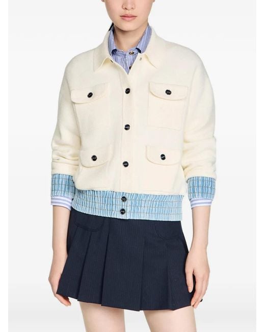 Sandro White Cardigan With Denim Details