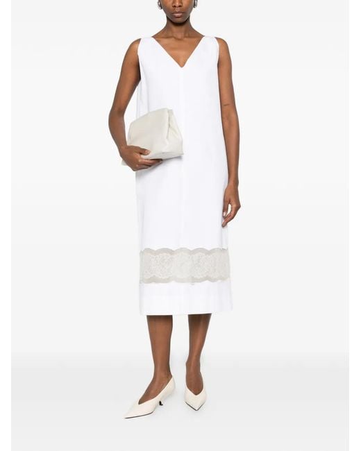 Carven V-Neck Lace Midi Dress in White | Lyst
