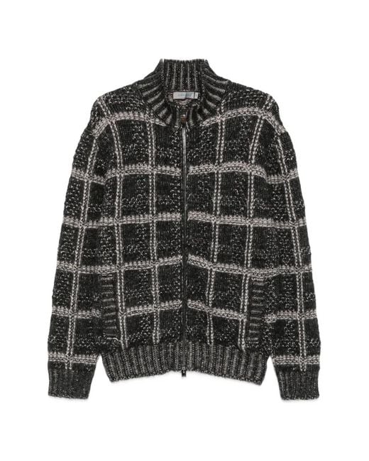 Canali Black Check-Pattern Zip-Up Cardigan for men