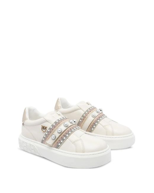 Pinko White Pearl-Embellished Platform Sneakers