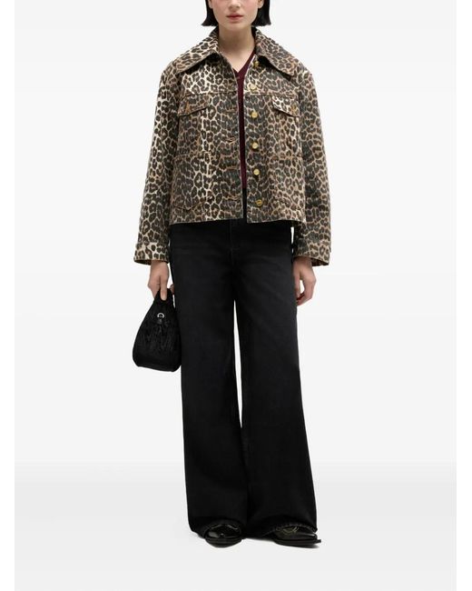 Ganni Brown Leopard-Print Button Denim Jacket