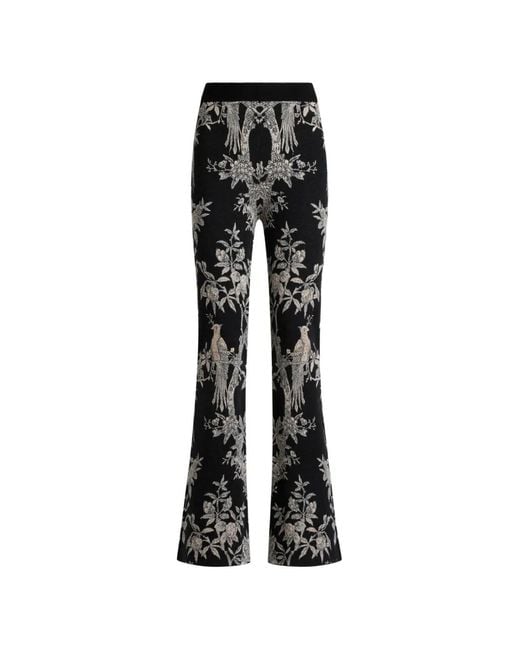 Etro Black Fit-And-Flare Wool-Blend Jacquard Trousers With Placed Nature Motif