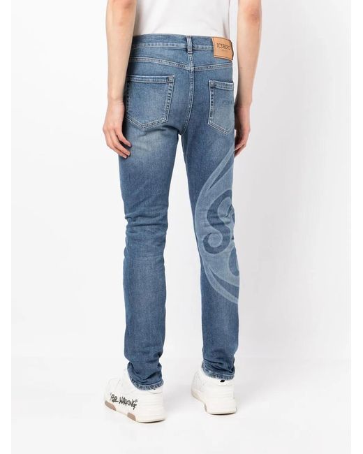 Iceberg Blue Watermark-Print Detail Jeans for men