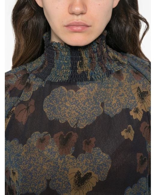 Siyu Gray Floral-Print Smocked-Neck Blouse