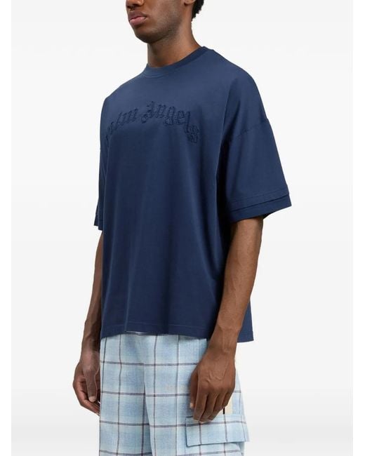 Palm Angels Blue Embroidered Curved-Logo Double T-Shirt for men