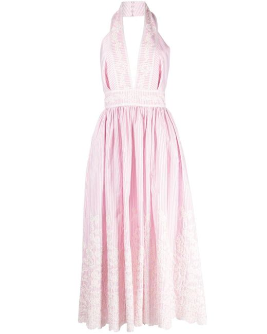 Elie Saab Pink Pinstripe Floral-embroidered Halterneck Dress