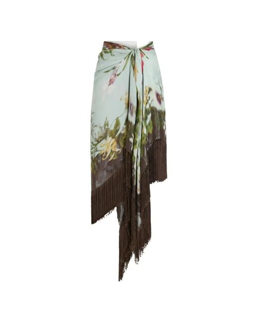 Oscar de la Renta Green Dominican Mixed-Floral Fringe Skirt
