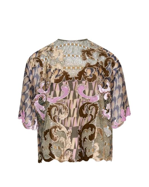 Biyan Brown Lace-Panelled Silk Blouse