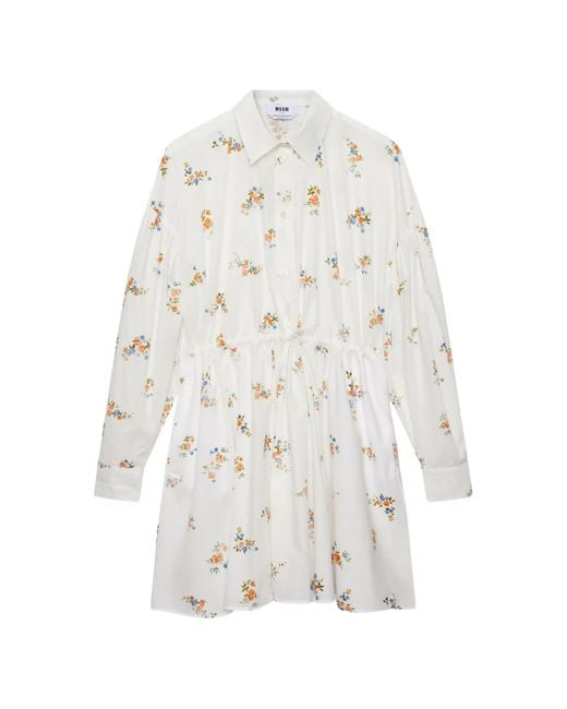 MSGM White Floral-Print Drawstring Mini Dress