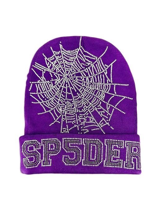 Sp5der Purple Rhinestone-Web Beanie for men