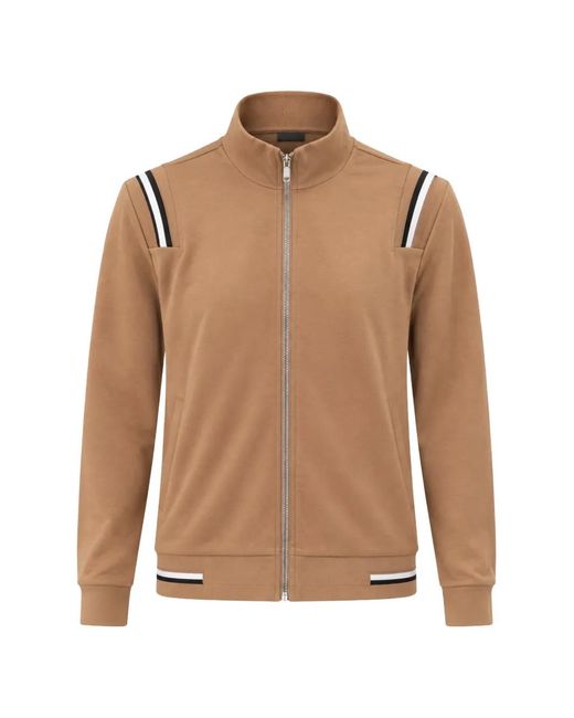 Boss Brown Zip-Up Stripe-Detail Sweatshirt for men