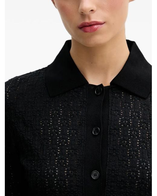 Sisley Black Crochet-Knit Long-Sleeve Polo Shirt